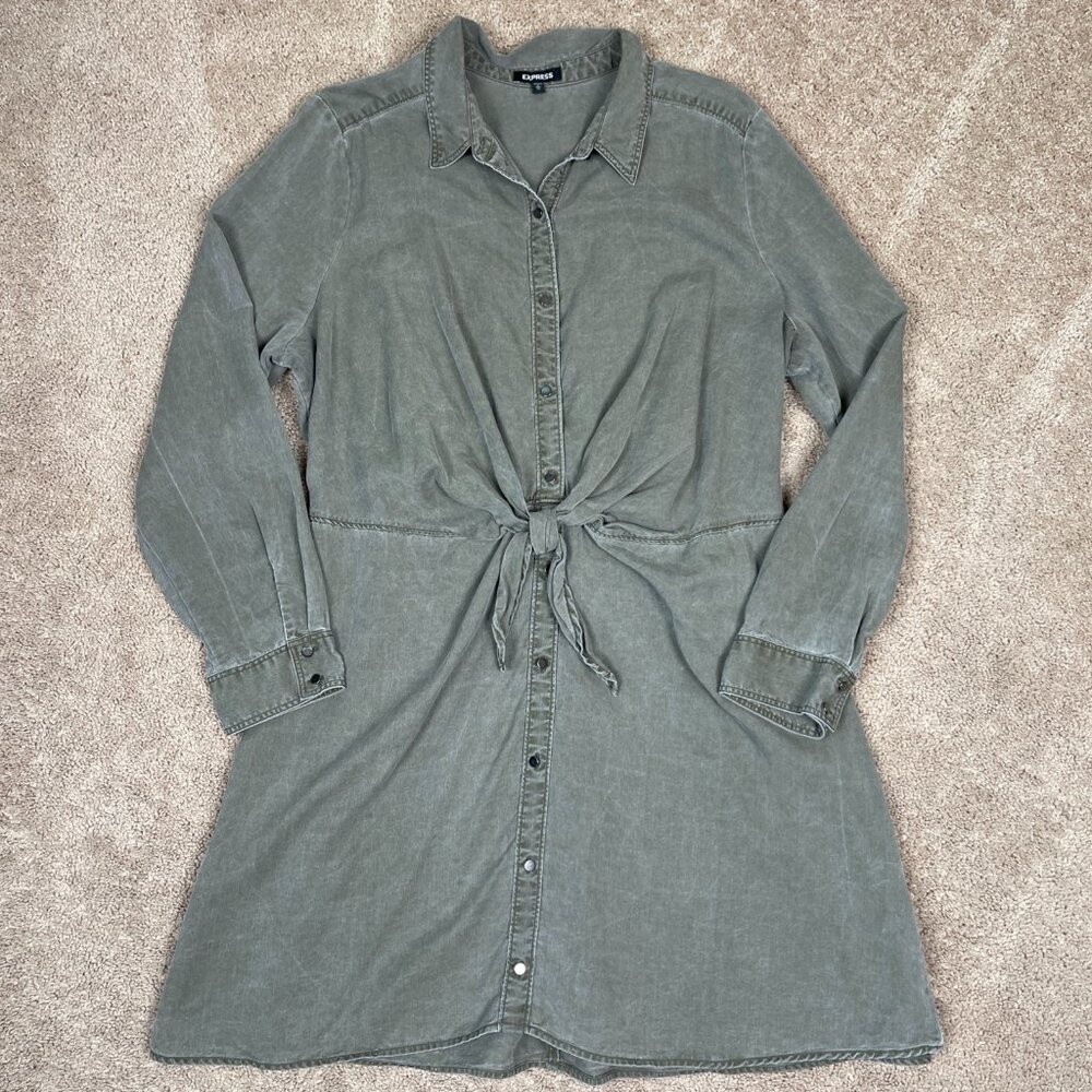 Express Dress Womens XL Green Button Front Tie Waist Military Army Relaxed Shirt